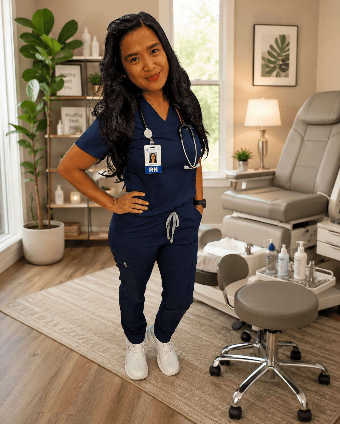 Febbie, a foot-care nurse in navy scrubs with a stethoscope, smiling warmly.
